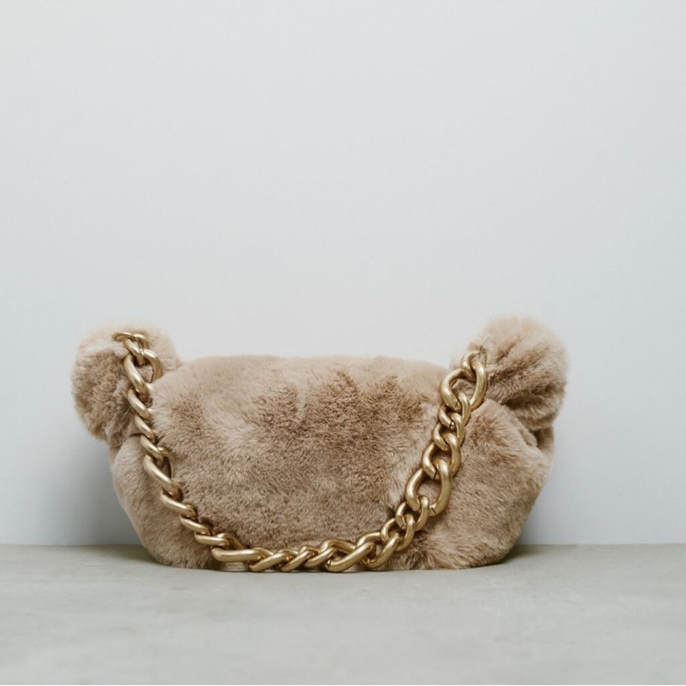 Zara Tan Faux Fur Shoulder Bag with Gold Chain